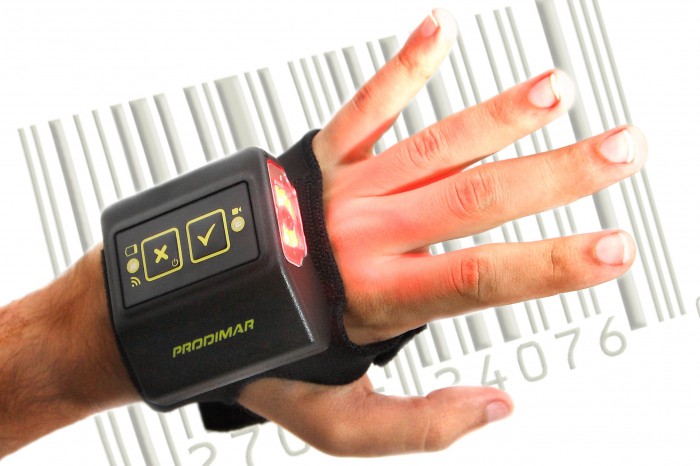 Lector manos libres de códigos de barras y lector/grabador RFID